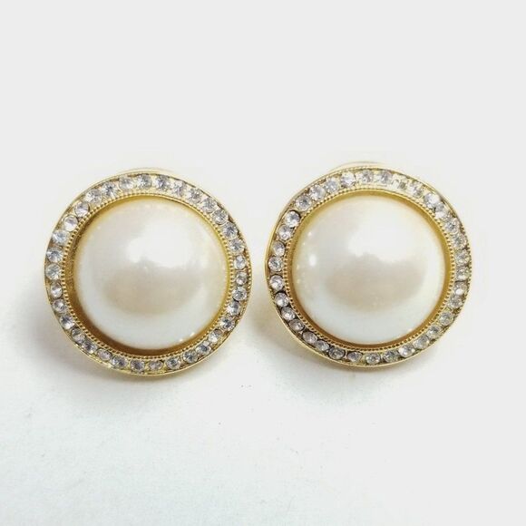 Vintage Marvella Faux Pearl and Rhinestone Halo Stud Earrings, Classic Classy - Picture 1 of 7